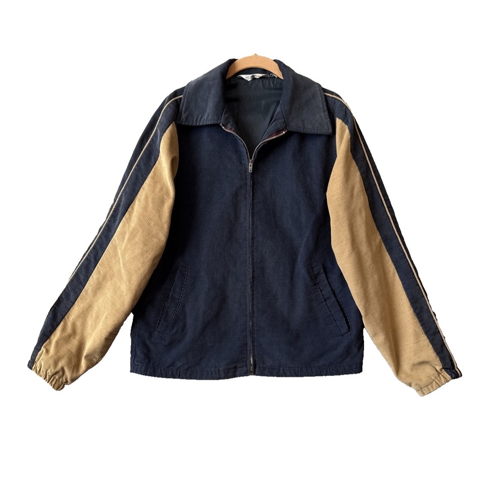 Vtg JCPenney Boys XL 18/20 Corduroy Jacket Navy Blue Tan Colorblock Varsity Zip